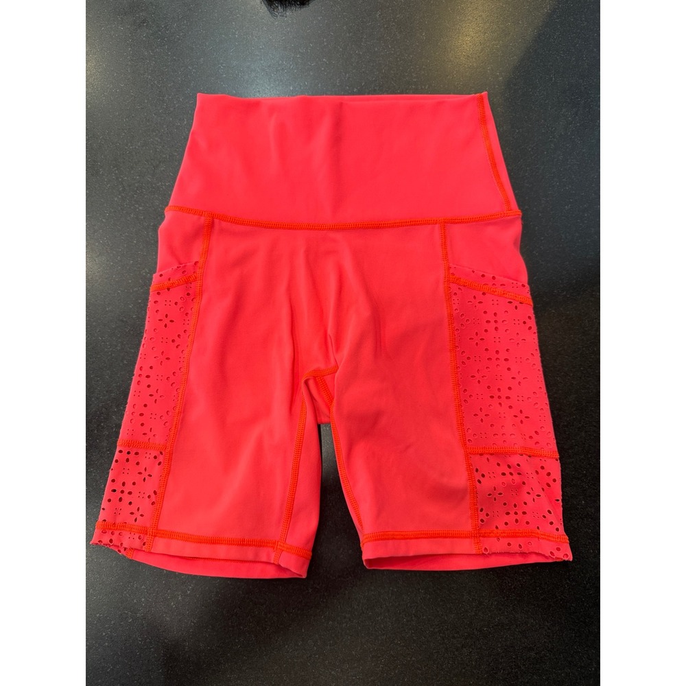 Aerie Biker Shorts Small Coral Laser Cut High Waisted Pockets Activewear Gym